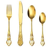 Gold Cutlery Set, 16 Piece Cutlery Set for 4 Retro Royal Knife and Fork Sets Mirror Polished Dishwasher Safe Vintage Spoons Cutlery for Home Banquet Catering