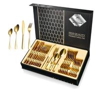 Gold Cutlery Set, 24 Piece Food-Grade Stainless Steel Flatware Set Fine Mirror Gold Finish and Dishwasher Safe Gold Cutlery Set Including Knife Fork Spoon for 6 People,Daily Use (High End Gift Box