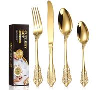Gold Cutlery Set, Home Safety 24-Piece Flatware Set, Stainless Steel Mirror Polish Silverware Set Service for 6, Includes Table Knives, Forks, Spoons, with Gift Box (Classic Golden)