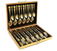 Gold Cutlery Set, OGORI 24-Piece Mirror Polished Gold Unique Wooden Box Design for Gift, Stainless Steel Flatware Set, Silverware Set with Spoon Knife and Fork Set, Service for 6