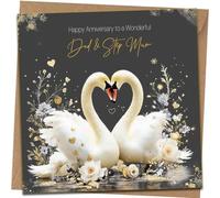 Gold Dad & Step Mum Anniversary Card - Floral Swans - Happy Anniversary Card for Dad & Step Mum Wedding Anniversaries Greeting Cards