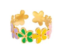 Gold Daisy Statement Open Band Ring for women Girls Chunky Enamel Cherry Flower Stainless Steel 18k Gold Plated Colorful Floral Adjustable Comfort Stacking Finger Ring (B)