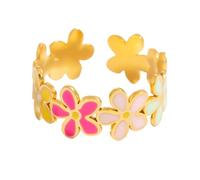Gold Daisy Statement Open Band Ring for women Girls Chunky Enamel Cherry Flower Stainless Steel 18k Gold Plated Colorful Floral Adjustable Comfort Stacking Finger Ring (A)