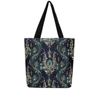 Gold Damask Canvas Tote Bag for Women Gothic Large Shoulder Bag,Victorian Reusable Cloth Cotton Bags Vintage Baroque Flowers Goth Antique Exotic Floral Bohemian Decor