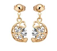 Gold Dangle Earrings Boho, Pretty Earrings Hollow Heart and Round with White Cubic Zirconia