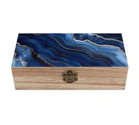 Gold Dark Blue Agate Print Decorative Wooden Storage Box with Hinged Lid And Front Clasp Keepsakes Chest