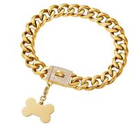 Gold Dog Chain Collar Walking Metal Chain Collar with Design Secure Bling CZ Stone Buckle 18K Cuban Link Strong Heavy Duty Chew Proof for Small Dogs American Pitbull German Shepherd (16")