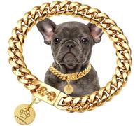 Gold Dog Chain Collar with Dog Tag Pendent Metal Chain Collar Necklace18K Gold Plated Stainless Steel Pet Cuban Links Collars for Dogs(20inch)