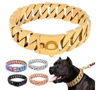 Gold Dog Collar, 32mm Thick 18K Gold Plated, Personalized Chew Proof Metal Collar for Dogs