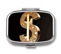 Gold Dollar Sign Pill Box 2 Compartment Waterproof Pill Case with Mirror Square Container Metal Medicine Box Organizer Portable Vitamin Case for Pocket & Purse Travel