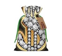 (gold dollar sign) Printed Christmas S Size Gift Bags with Green Ribbon Drawstring Candy Bags for Kids Xmas Holiday Christmas Eve Presents