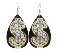 Gold Dollar Sign Teardrop Leather Earrings Ladies Print Pendant With Hook Fashion Vintage Party Daily Wear