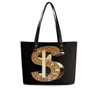 Gold Dollar Sign Tote Bag Large Soft Leather Purse with Zipper Lightweight Ladies Shoulder Handbag