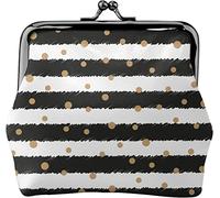 Gold Dots and Horizontal Lines Pattern Women's Leather Coin Purse, Small Change Pouch with Kiss-Lock Clasp Closure Buckle Wallet for Girl Gift