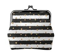 Gold Dots and Horizontal Lines Pattern Women's Leather Coin Purse, Small Change Pouch with Kiss-Lock Clasp Closure Buckle Wallet for Girl Gift