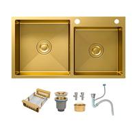 Gold Double Bowl Undermount Sink, Stainless Steel Kitchen Basin with Drain Set, X-Shaped Bottom Quiet Noise Reduction Modern 75x40cm