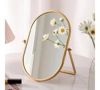 Gold Dressing Table Makeup Mirrors Desk Mirror Oval Small Portable Folding Countertop Mirror with Metal Stand High-Definition Swivel Make Up Mirrors for Living Room Bedroom Bathroom