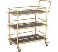 Gold Drinks Trolley on Wheels Lockable Casters 3-Tier Serving Bar Cart for Kitchen & Living Room Multi-Purpose Wooden & Metal Storage Rack
