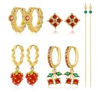 Gold Earrings Set for Women 14K Gold Plated Cubic Zirconia Love Heart Bowknot Clover Fruit Flower Insect Ocean Cross Huggie Hoop Earrings Stud Earrings Set for Multiple Piercing Party Jewelry Gifts