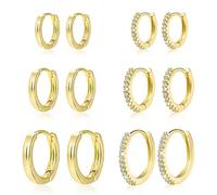 Gold Earrings Small Hoop Set for Women, 6 Pairs 14K Gold Earring Cubic Zirconia Hypoallergenic 925 Silver Sleeper Hoops Earrings Small Huggie Hoop Earrings for Multiple Piercing 12/14/16 mm
