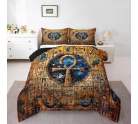 Gold Egyptian Print Comforter Set Old Egypt Hieroglyphics Pattern Bedding Set Queen for Kids Boys Girls Teens Adults Room Decor,Retro Egyptian Civilization Down Comforter,Exotic Tribal Duvet Insert