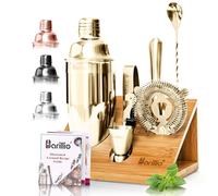 Gold Elite Mixology Bartender Kit Cocktail Shaker Set by Barillio: Golden Drink Mixer Set with Bar Tools, Sleek Bamboo Stand, Velvet Carry Bag & Recipes Booklet Small Bartender Kit Gold