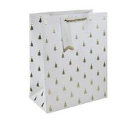 Gold Embossed Christmas Tree Large White Gift Bag 33cm - Festive Paper Present Bag with Rope Handles & Name Tag