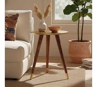 Gold Embossed Metal Top Side Table with Natural Tripod Wood Base, Boho