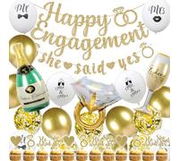 Gold Engagement Party Decorations Banner - 35Pcs Glitter Happy Engagement She Said Yes Banners Cupcake Toppers Diamond Ring Wine Glass Bottle Foil Balloons for Proposal Party Supplies