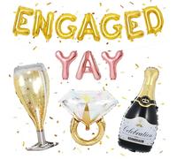 Gold Engagement Party Decorations, Engaged Yay Balloons Letters Banner, Diamond Ring Black Champagne Bottle Balloon Glass Foil Balloon for Bachelorette Engagement Wedding Bridal Shower Party Supplies
