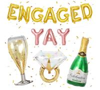 Gold Engagement Party Decorations, Engaged Yay Balloons Letters Banner, Diamond Ring Green Champagne Bottle Balloon Glass Foil Balloon for Bachelorette Engagement Wedding Bridal Shower Party Supplies