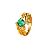 Gold Eternity Band, Cute Engagement Ring with Matte Leaves Design Solitaire Square Lab Emerald 1.5Ct 18K Yellow Gold Size L 1/2