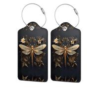 Gold Exquisite Dragonfly Business Travel PU Leather Label Suitable for Handbags/Backpacks/Luggage, Black, 2 Pcs