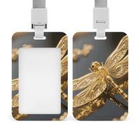 Gold Exquisite Dragonfly ID Badge Holder - Retractable Badge Reel, Vertical Card Name Tag Holder with Breakaway Lanyard, ID Cards Holders Case for Nurse Security Staff Women Men