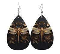 Gold Exquisite Dragonfly Printed leather earrings with teardrop-shaped dangling design, light and soft.