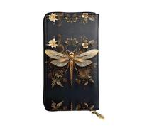 Gold Exquisite Dragonfly Printed leather wallet, 7.5 x 4.1-inch long credit card holder, portable travel cash wallet
