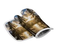 Gold Falling Between The Trees Oven Mitt Set with Lanyard, Cooking Mitt, Protective Thermal Insulation,Kitchen Mitt for Baking, Cooking, Grilling, Microwave