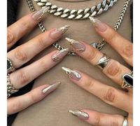 Gold False Nails French Tip - 3D Gothic Fake Nails with Glue - 24pcs Almond Press on nails - Medium Length Stick on Nails - Glue on nails for Women - Hard Wearing Acrylic Nail Tips for French Manicure