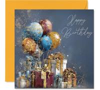Gold Family Birthday Card - Gold Balloons & Presents - Happy Birthday Card for Family from Colleague Friends, 145mm Golden Balloons & Presents Bday Greeting Cards