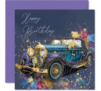 Gold Family Birthday Card - Gold Car - Happy Birthday Card for Family from Colleague Friends, 145mm Golden Car Bday Greeting Cards