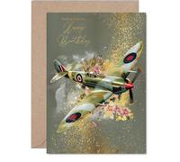 Gold Family Birthday Card - Spitfire Airplane - Happy Birthday Card for Family from Colleague Friends, A5 Golden Vintage Aviation Military Plane Bday Greeting Cards