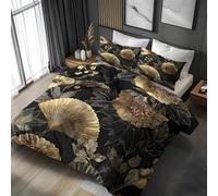 Gold Fan Flowers Duvet Cover Sets Black Super King Bedding Set with Zipper Closure, Soft Microfiber Quilt Cover with 2 Pillowcases 50x75cm GH84