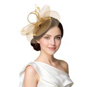 Gold Fascinators for Weddings, Champagne Feather Mesh Headband Hat, Elegant Hair Accessories for Mother of the Bride, Royal Ascot Ladies Day 2026 & Vintage Tea Party