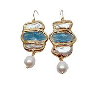 Gold Filled Cultured White Biwa Freshwater Pearl Blue Jade Pave White Rice Pearl Drop Hook Earrings for women