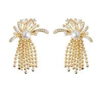 Gold Firework & Pearl Tassel Drop Earrings for Women - Sparkly Glamorous Jewelry | Bold Statement Chandelier Earrings