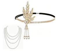 Gold Flapper Headband and Necklace Set, 1920s Headband Flapper Leaf