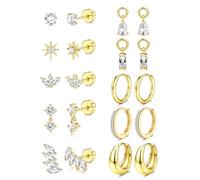 Gold Flat Back Silver Earrings for Women - Hypoallergenic Surgical Steel 14K Gold Plated Stud and Hoop Earings Cartilage Earrings Stack Daith Conch Tragus Helix Piercing Jewellery Golden CZ