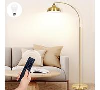 Gold Floor Lamps for Living Room- Arc Floor Lamps with 9W Bulb, 360° Adjustable Metal Shade, Remote Control Dimmable Floor Lamp, Over Couch Mid Century Modern Brass Floor Lamp for Bedroom, Office