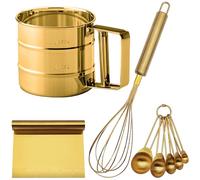 Gold Flour Sifter Baking Tool Set, findTop Stainless Steel 4-Piece Kit with 10" Whisk, Dough Scraper & 5 Measuring Spoons, Mirror Polished, Easy to Clean, for Cake Bread Cookie Prep