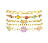 Gold Flower Butterfly Link Bracelets Set for Women, 5Pcs Stackable Butterfly Charm Bracelets Colorful Round Cubic Zirconia Flower Paperclip Ball Beads Tennis Chain Spring Summer Trendy Jewelry Gift